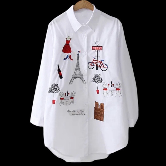 Embroidery Paris Cotton Button Down Top - Picture 2 of 6